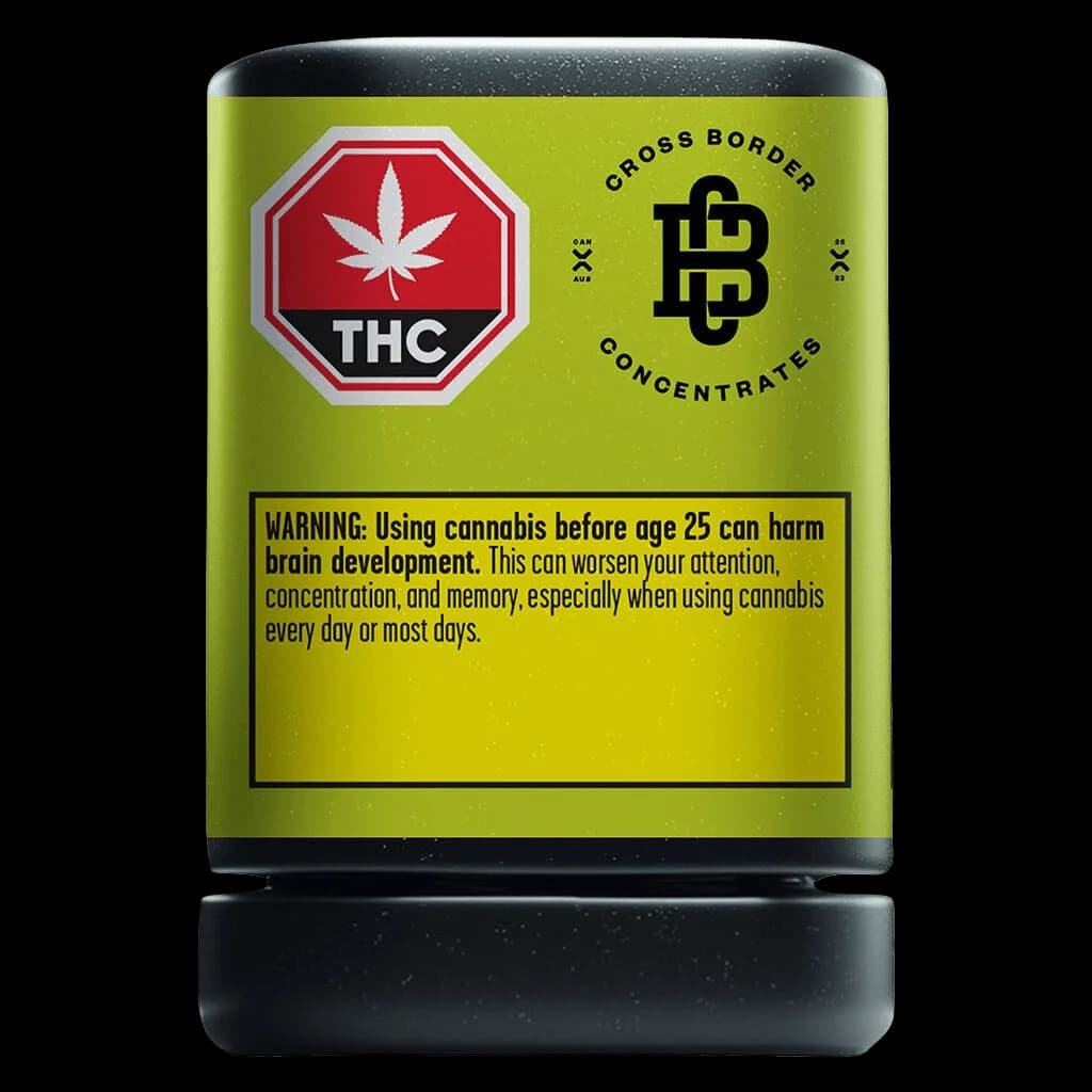 Cross Border Concentrates cannabis concentrate jar with yellow label, THC warning symbol, and health Canada warning text