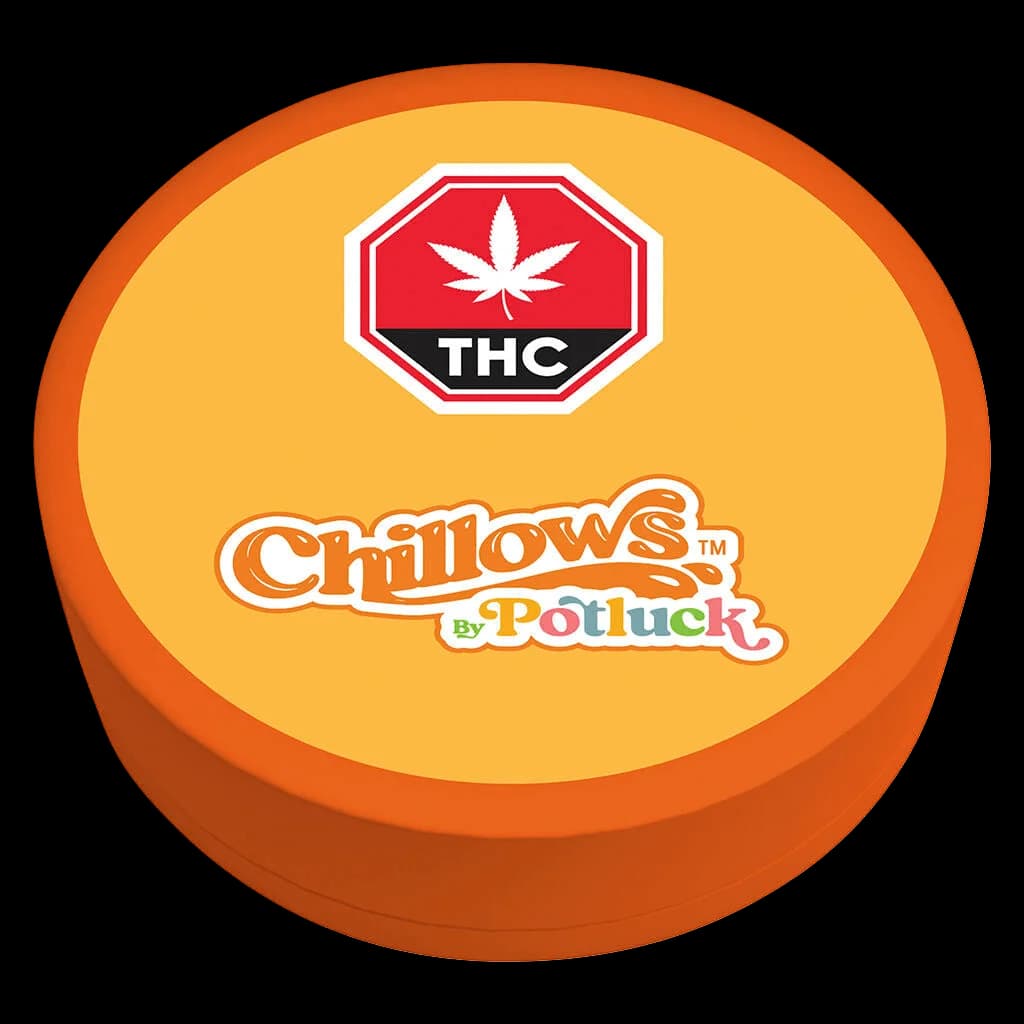 Potluck Chillows By Potluck cannabis sublingual strips, yellow and orange packaging with THC warning symbol