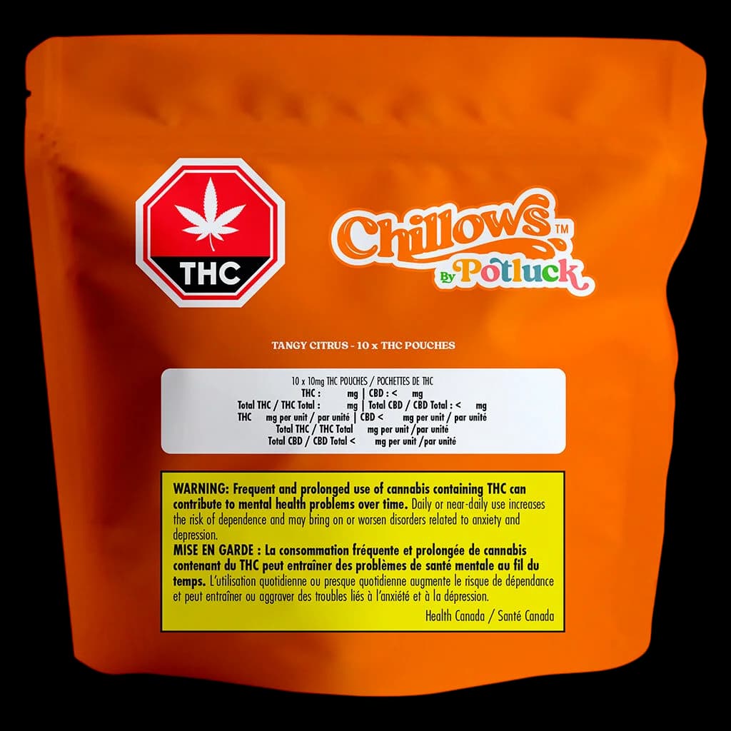 Chillows by Potluck Tangy Citrus THC pouches, 10-pack with orange packaging and red THC warning symbol