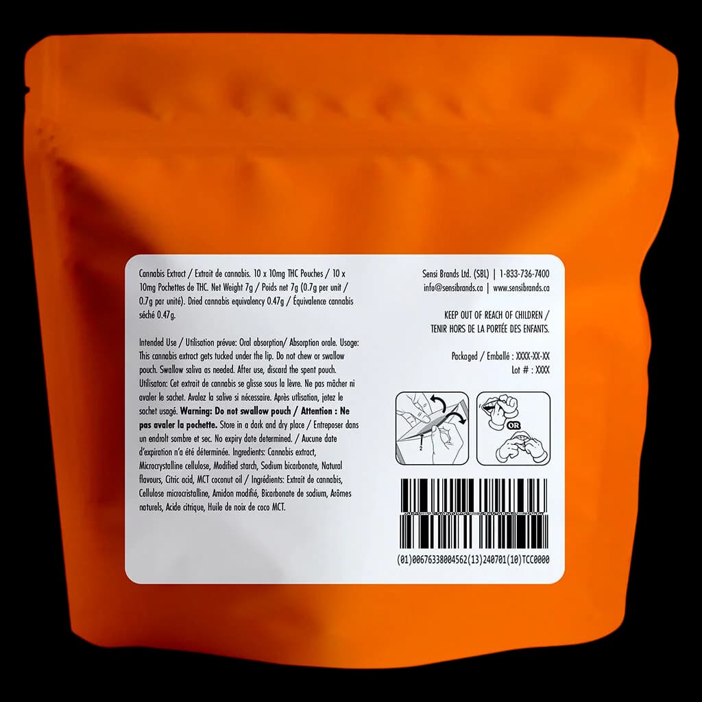 Sensi Brands cannabis extract sublingual strips, 10x10mg THC pouches, 7g net weight, orange packaging with white label showing bilingual instructions and barcode