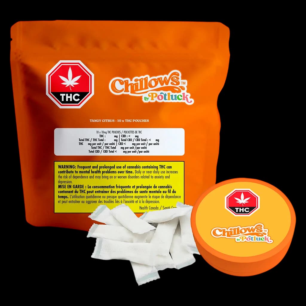 Chillows by Potluck Tangy Citrus THC sublingual strips, 10-pack with orange pouch packaging and yellow container