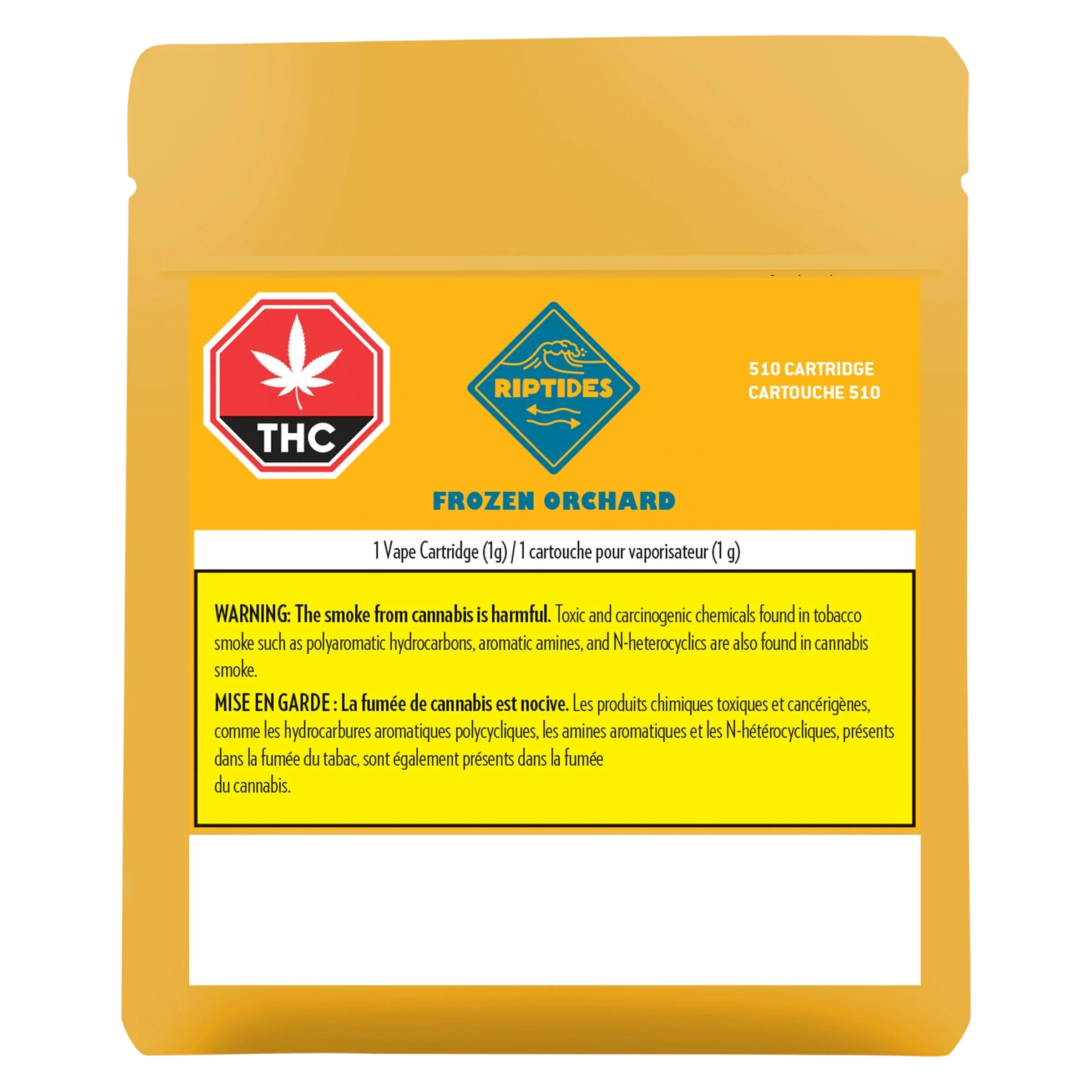Cartouche 510 Frozen Orchard de Riptides, cartouche de vapotage de 1 g dans une pochette en papier d'aluminium doré avec symbole d'avertissement THC et étiquette d'avertissement bilingue de Santé Canada