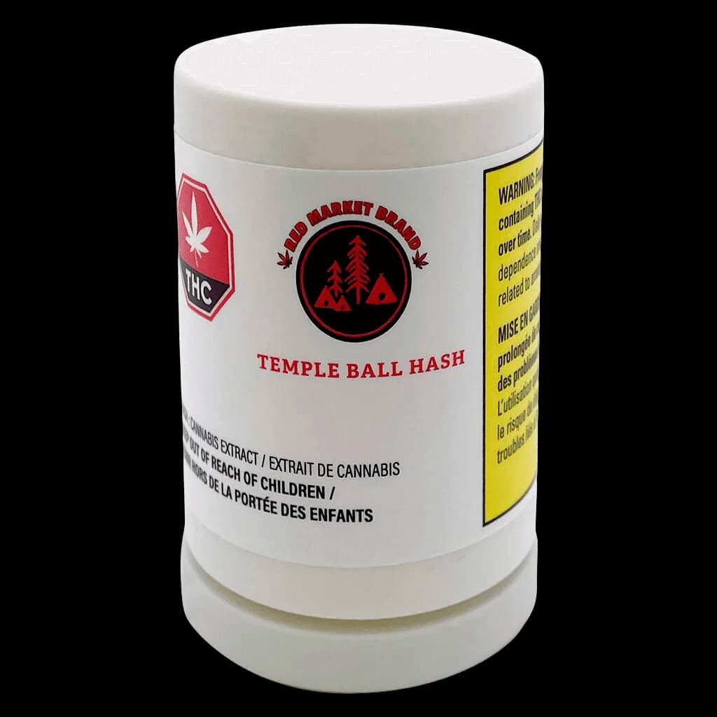 Red Market Brand Temple Ball Hash cannabis concentrate in white cylindrical container with red branding and THC warning label