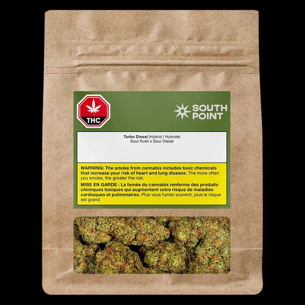 South Point Turbo Diesel hybrid cannabis dried flower in kraft pouch with window display and Health Canada warning label