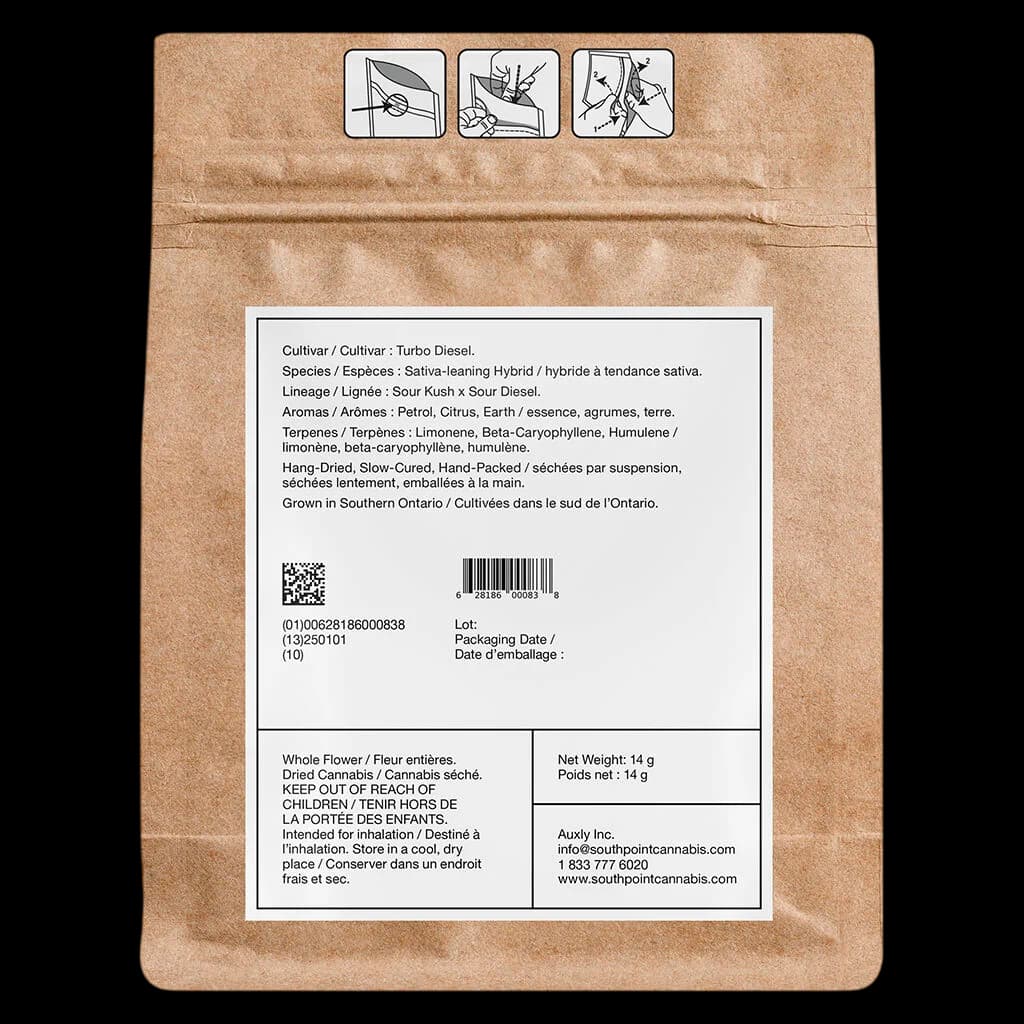 Turbo Diesel 14g dried cannabis flower pouch back label showing strain details, terpene profile, and regulatory information