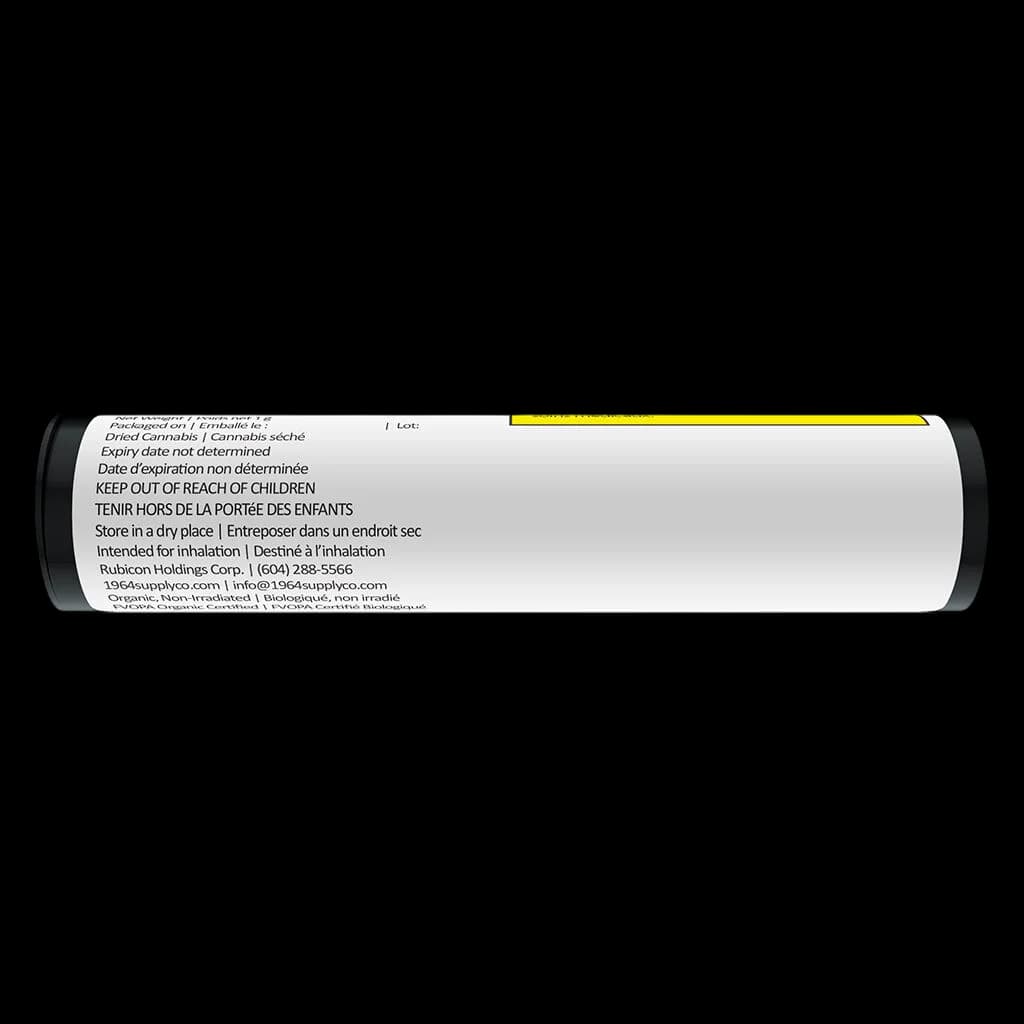 1964 Lemon Diesel pre-roll in black tube with white label showing regulatory text, lot number, and yellow Health Canada warning band