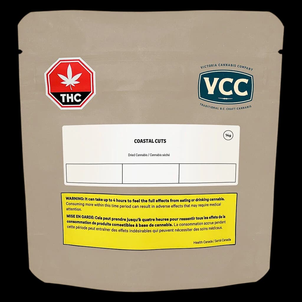 Victoria Cannabis Company Coastal Cuts 14g dried cannabis flower pouch with THC warning symbol and Health Canada label