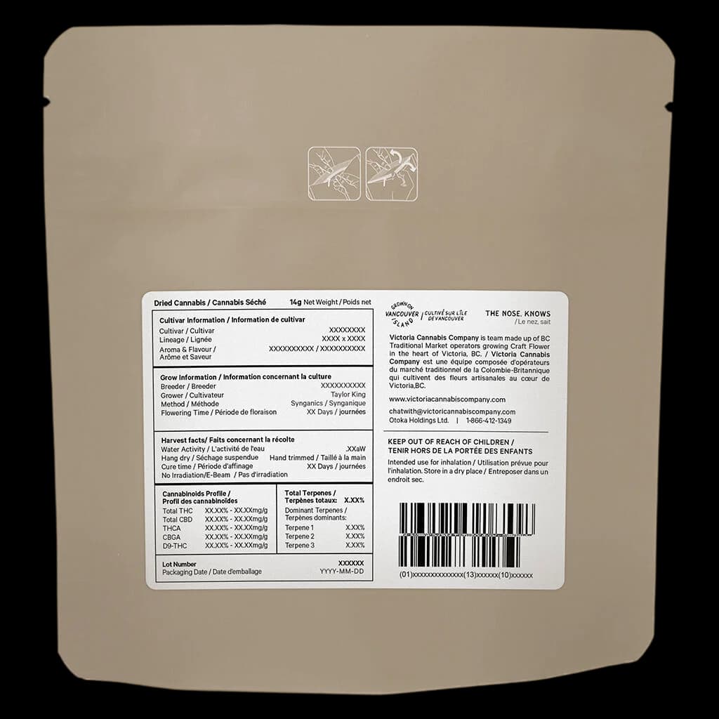Victoria Cannabis Company Coastal Cuts 15g dried cannabis flower pouch with regulatory label showing cannabinoid profile and cultivar information
