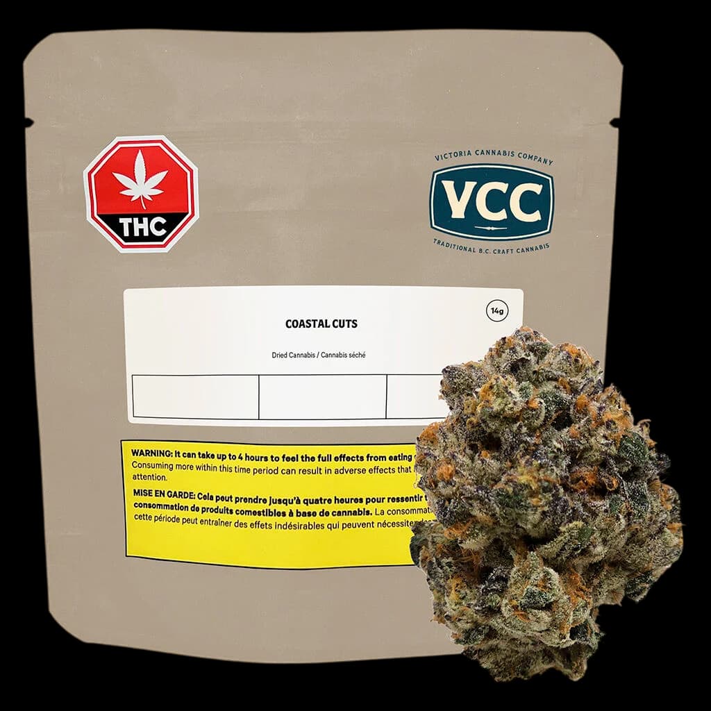 Victoria Cannabis Company Coastal Cuts 14g dried flower cannabis with visible buds beside kraft pouch packaging