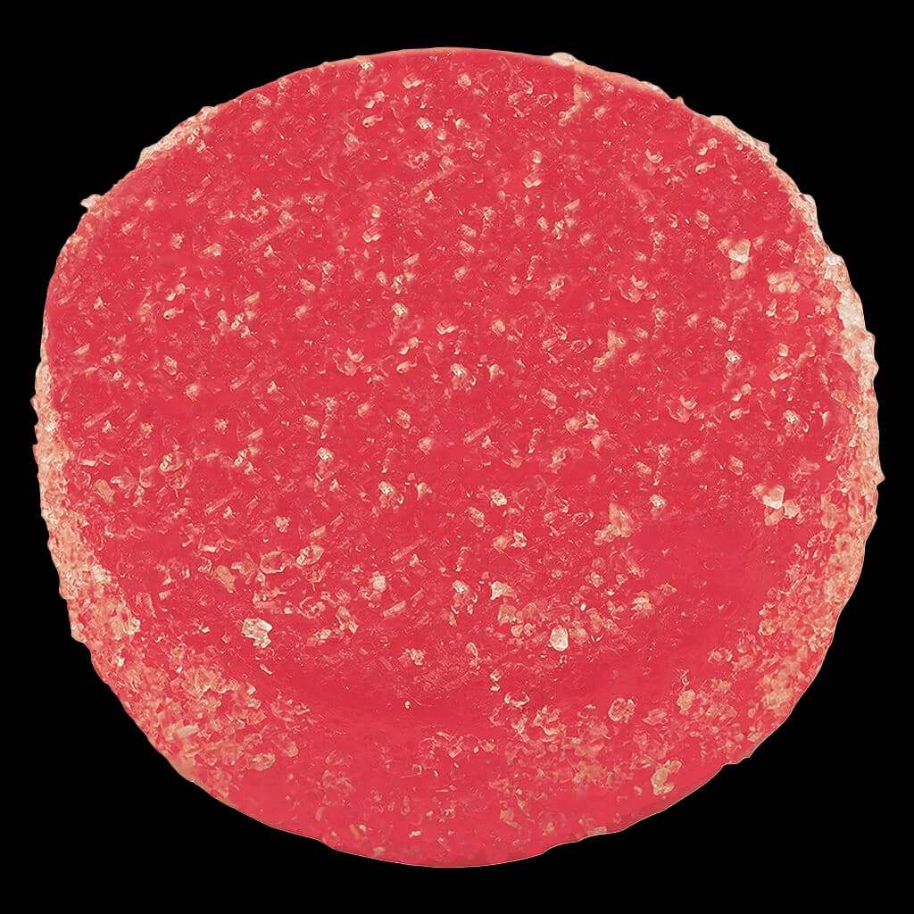 Homestead Cherry Sativa Resin Gummy, red soft chew with sparkling sugar coating, cannabis edible