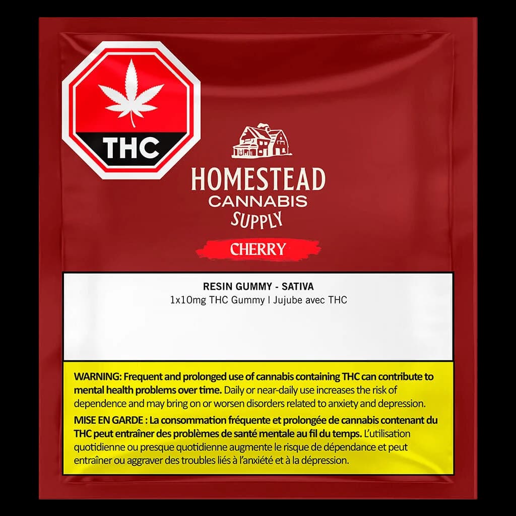 Homestead Cannabis Supply Cherry Resin Gummy Sativa package front with THC warning symbol and Health Canada warning label