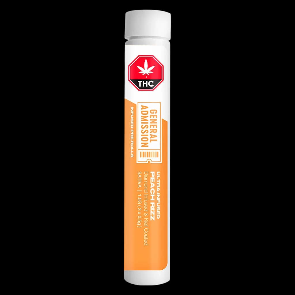 General Admission Peach Rizz Diamond Infused pre-roll pack with orange label and white THC warning symbol