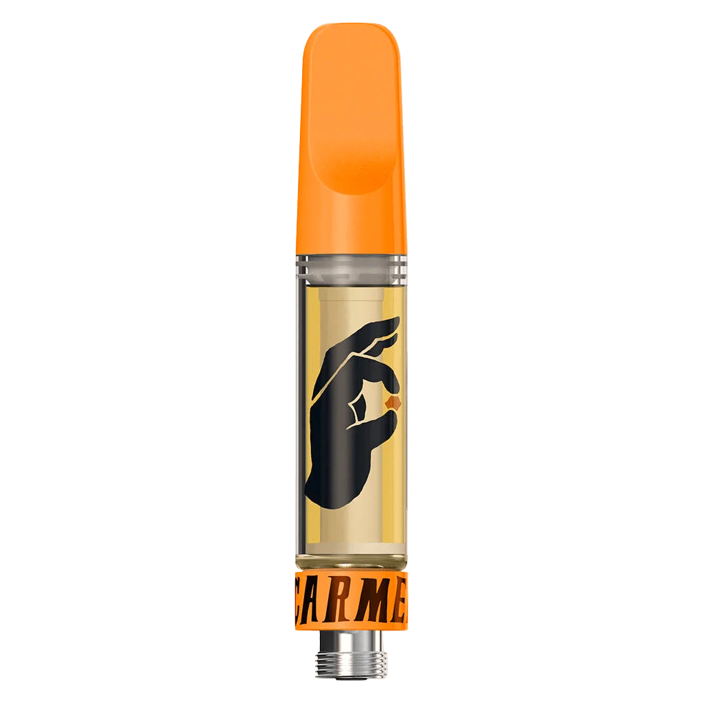 Carmel Zebra Stripes Pure Live Resin 510 thread cannabis vape cartridge with orange mouthpiece and gold label featuring black hand graphic