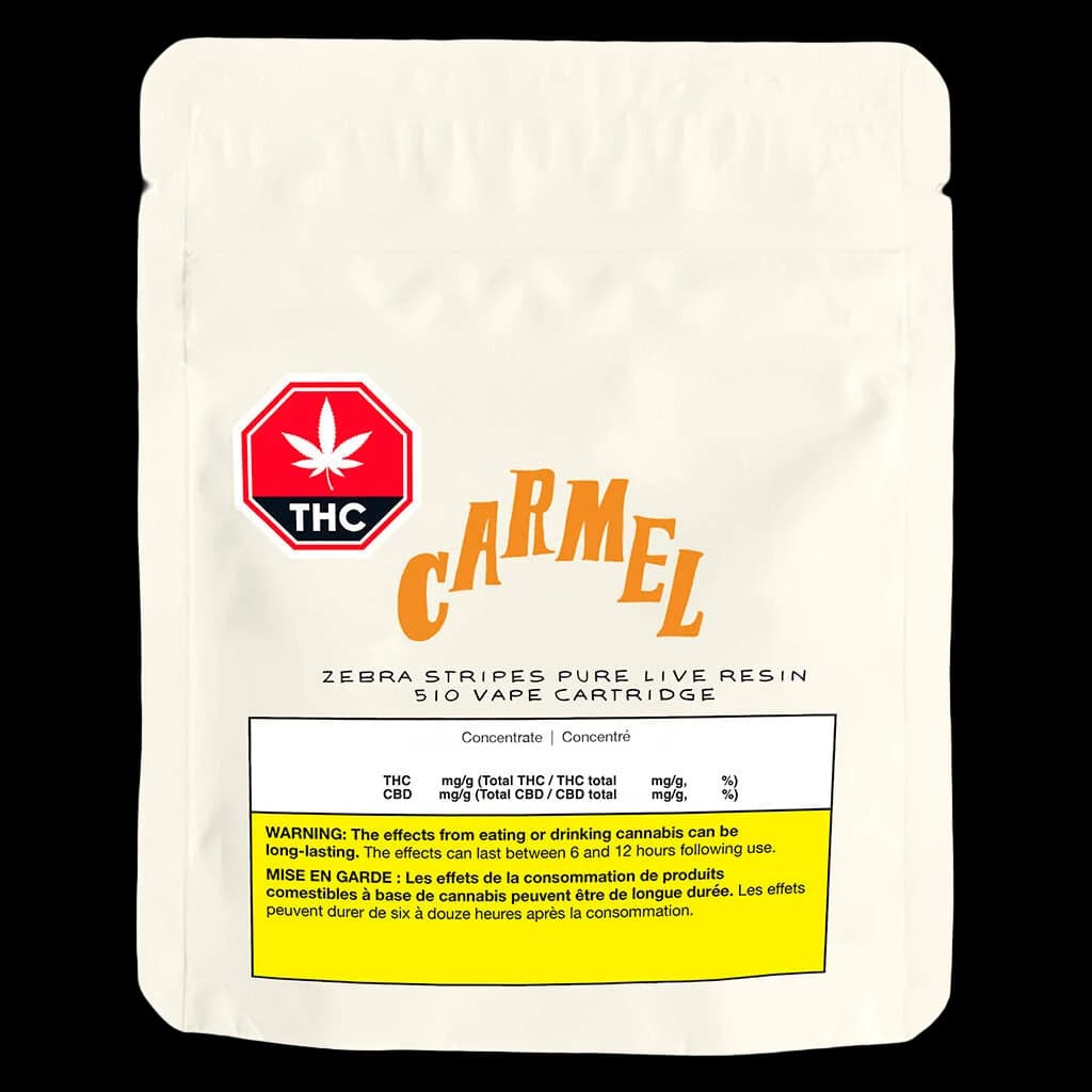 Carmel Zebra Stripes Pure Live Resin 510 vape cartridge package front with red THC warning symbol and yellow Health Canada warning label