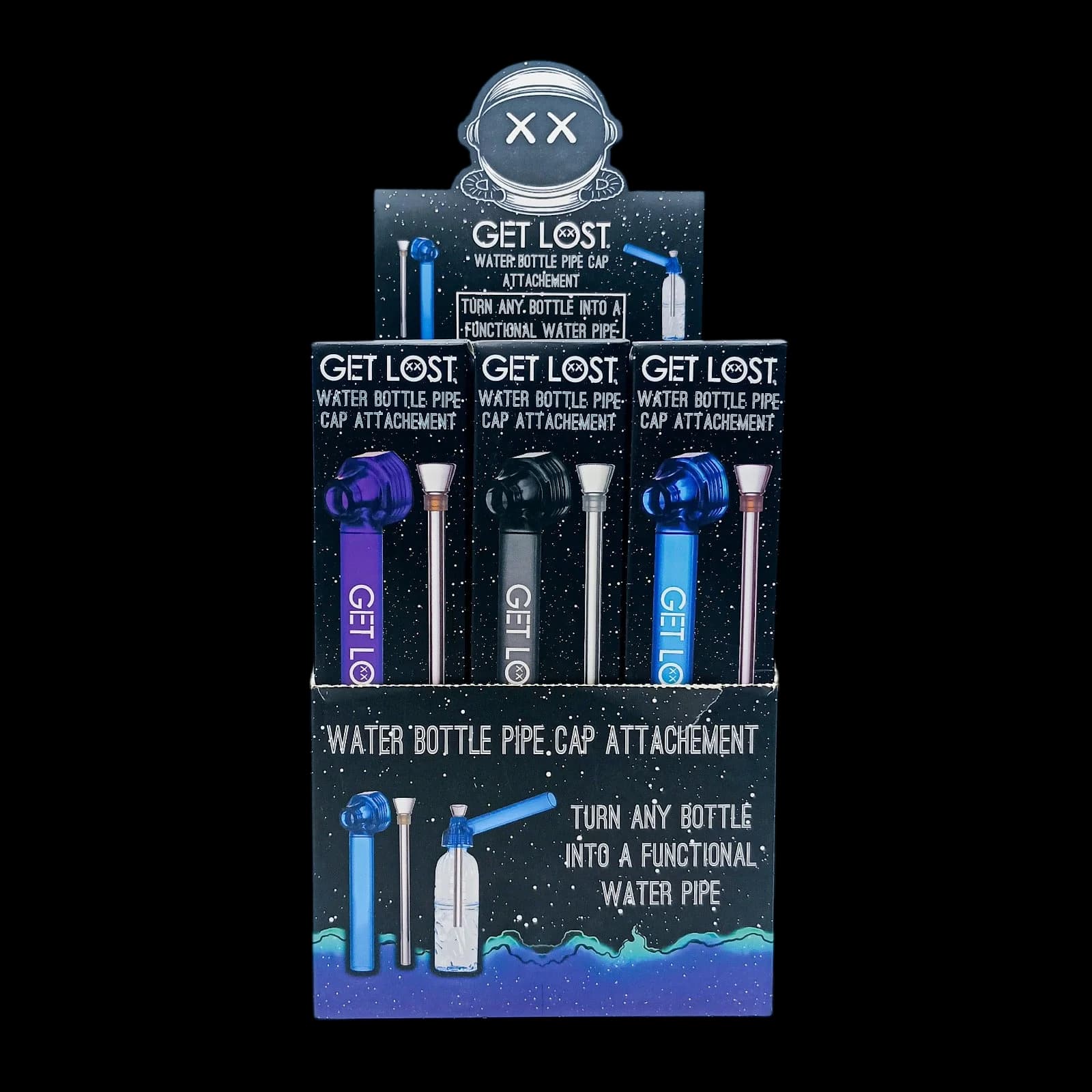 GET LOST water bottle pipe cap attachment display carton showing purple, black, and blue units with instructional graphics