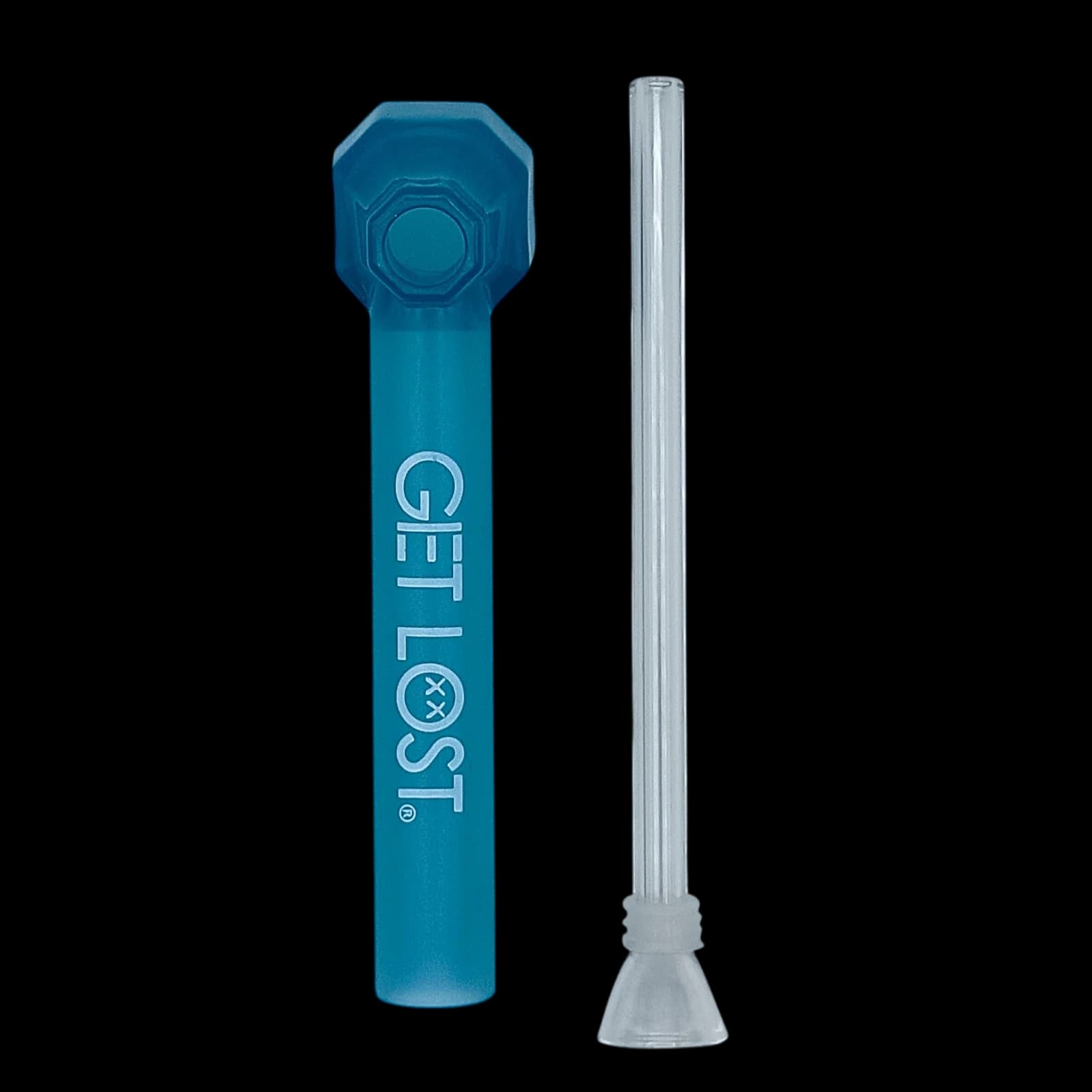 GET LOST teal water bottle pipe cap attachment with detachable glass downstem, cannabis accessory