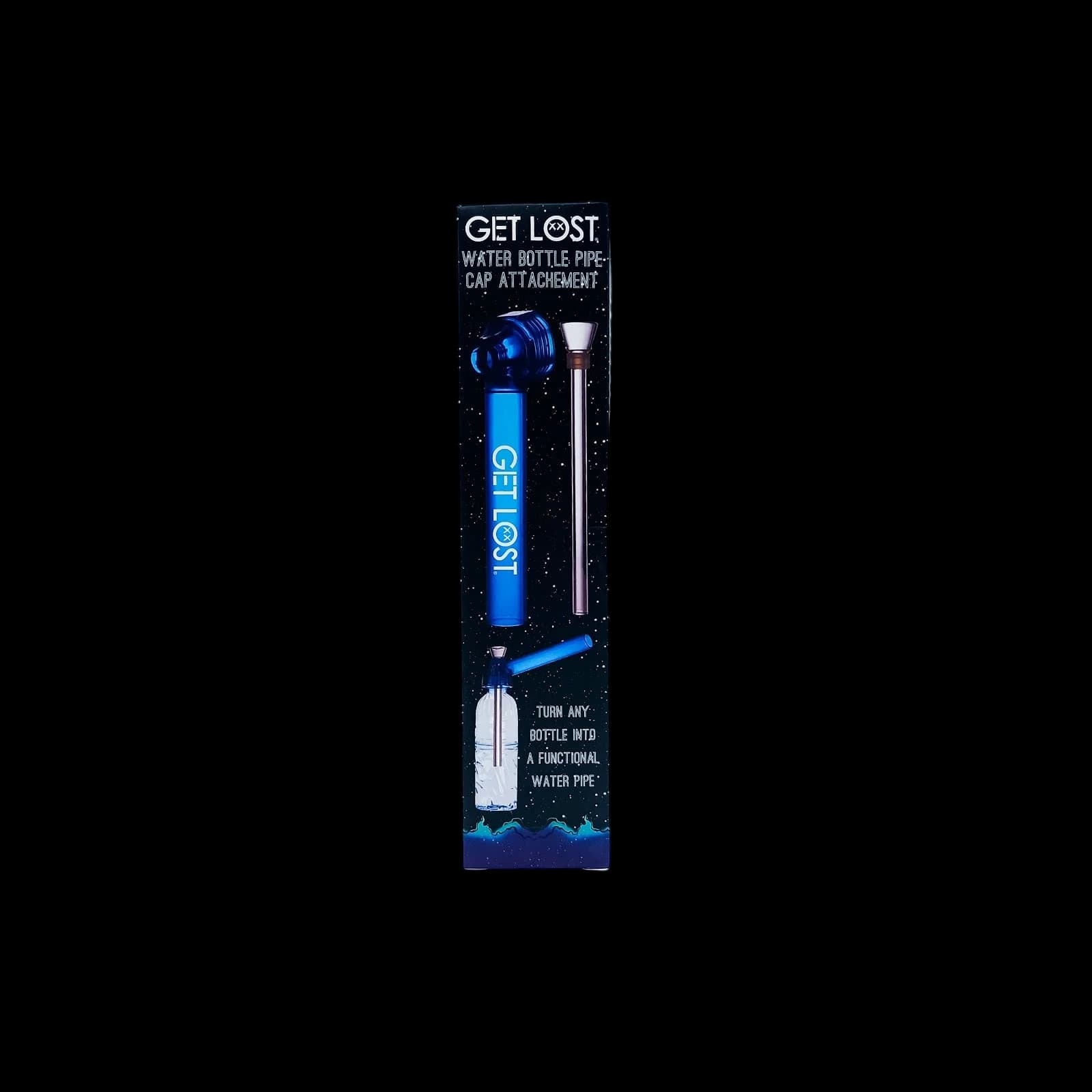 Get Lost water bottle pipe-cap attachment kit with blue cylindrical cap, metal stem, and connector piece on packaging