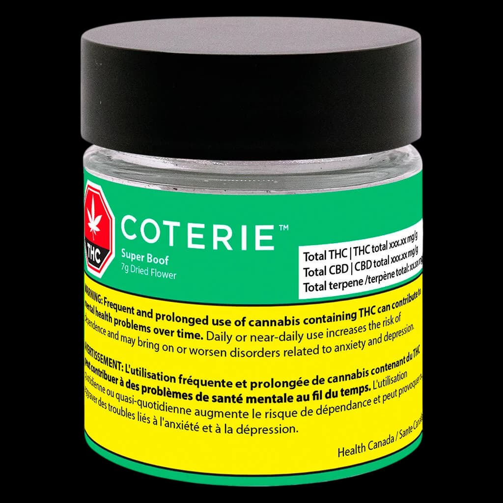 Coterie Super Boof 7g dried flower cannabis in clear glass jar with black lid, front packaging visible