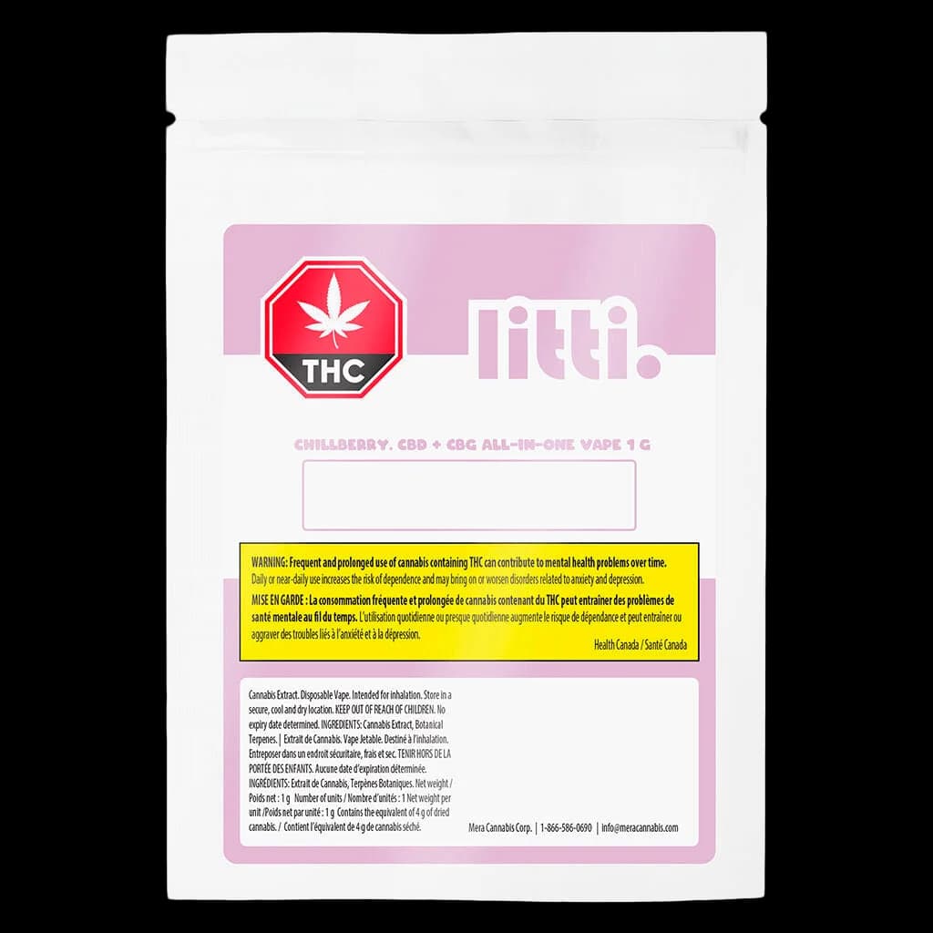 Litti Chillberry CBD + CBG all-in-one vape 1g disposable pen packaging with red THC symbol and Health Canada warning label