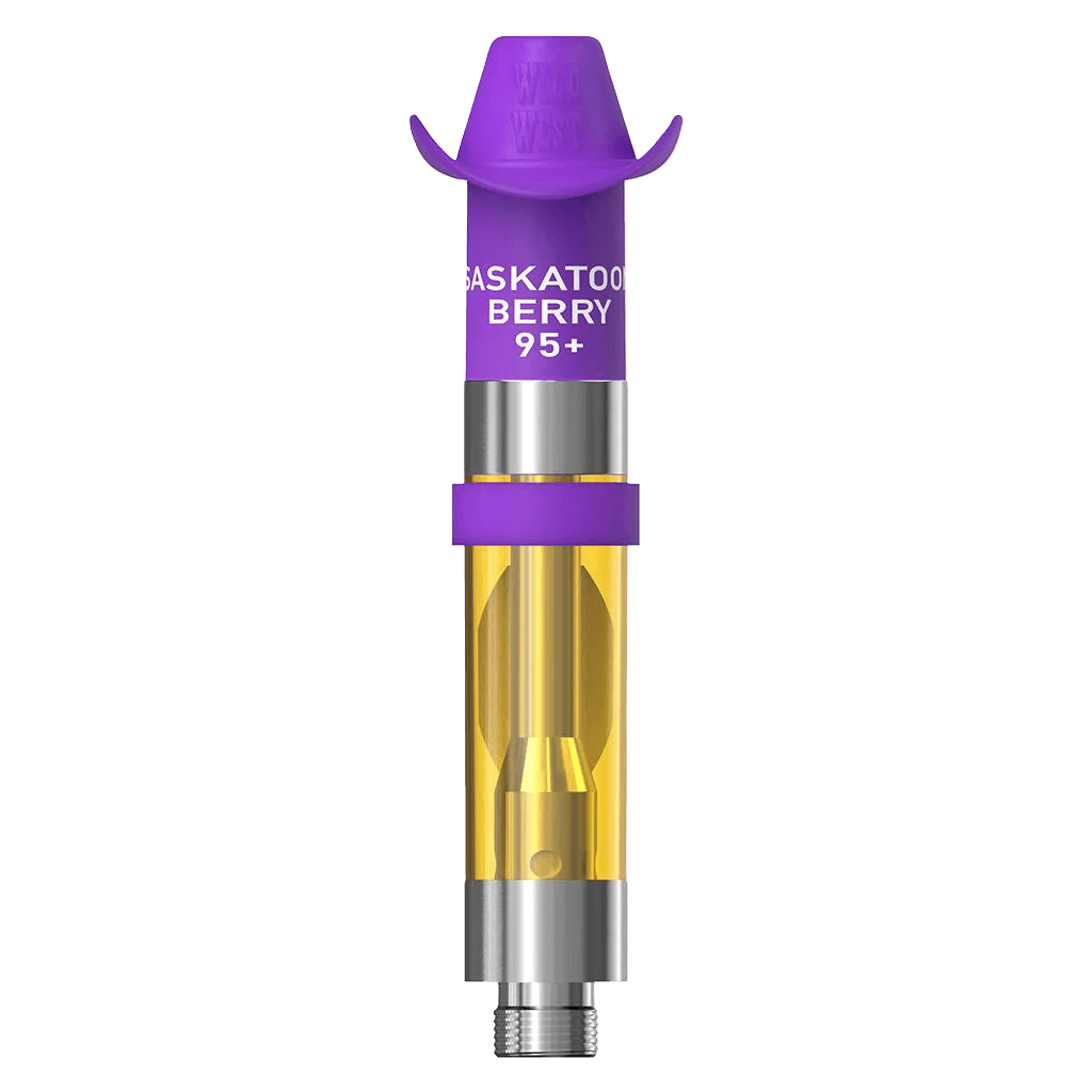 Wild West Saskatoon Berry 95+ cannabis vape cartridge with purple cowboy hat cap, golden oil visible in glass tank, silver metal components