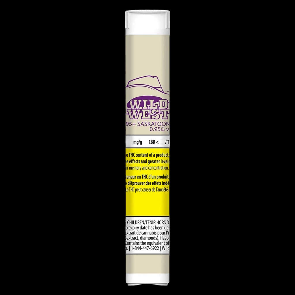 Wild West 95+ Saskatoon 0.95g cannabis vape cartridge with purple branding on cream packaging and yellow Health Canada warning label