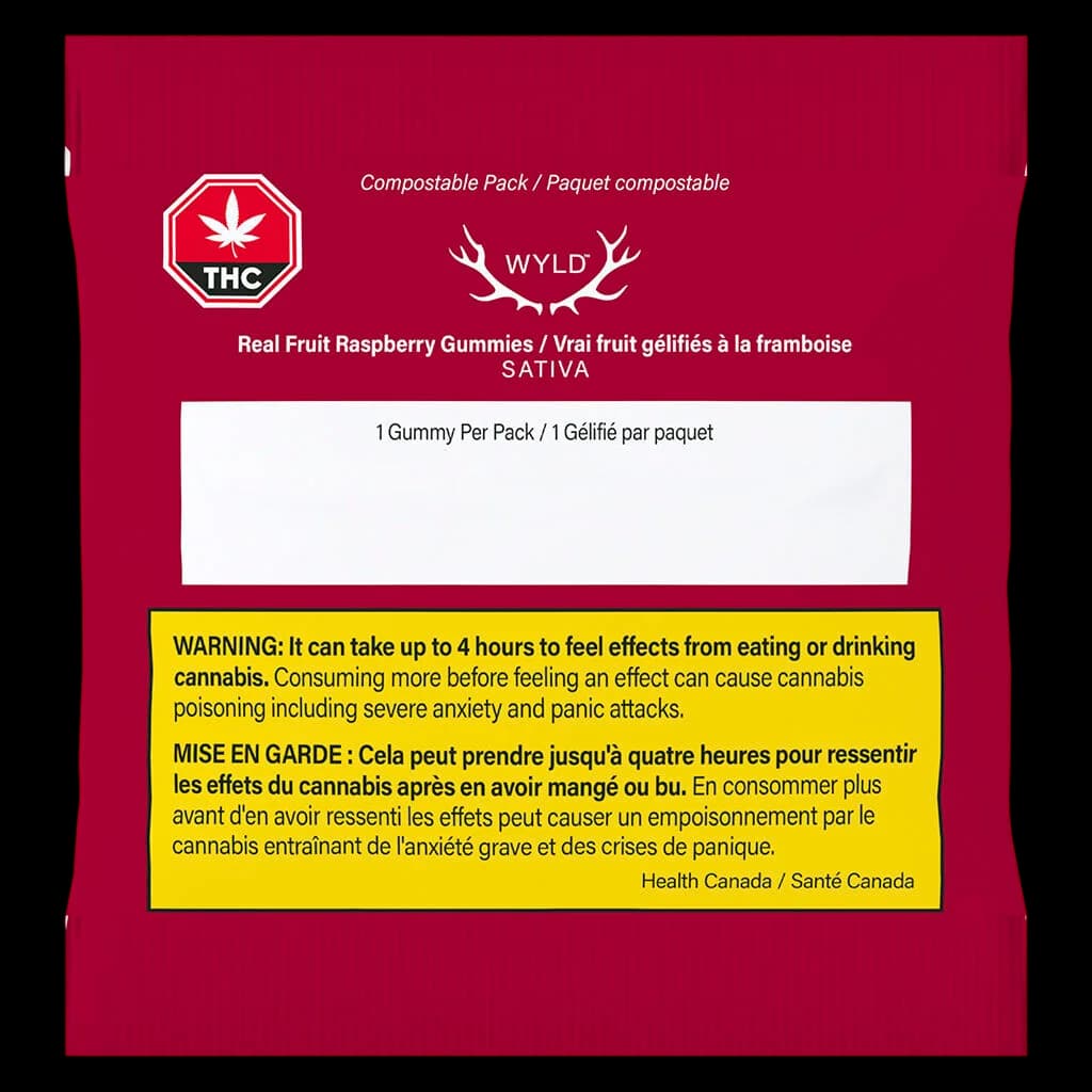Gommes aux framboises aux vrais fruits WYLD, sativa, 1 gomme par emballage, emballage compostable avec étiquette d'avertissement THC