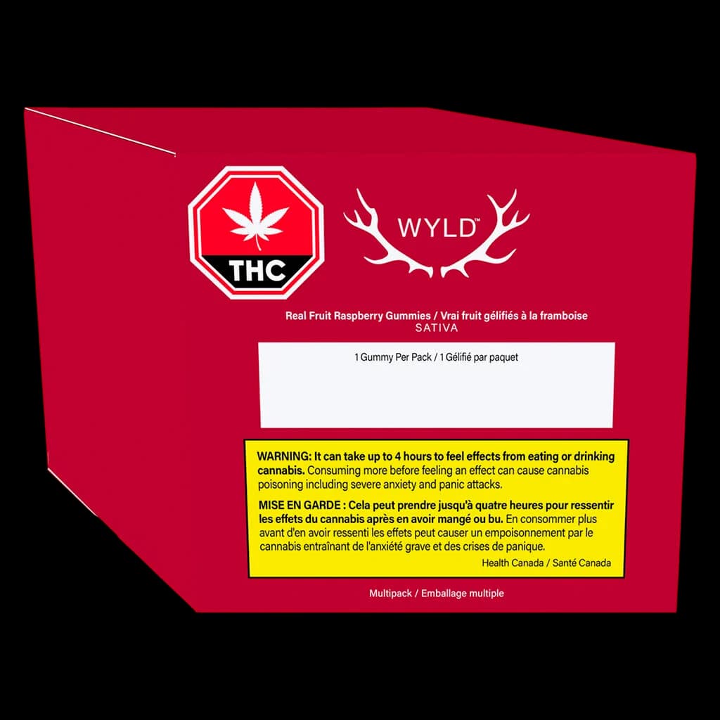 Multipack de gommes à la framboise Wyld Real Fruit Sativa avec étiquette d'avertissement THC sur emballage rouge