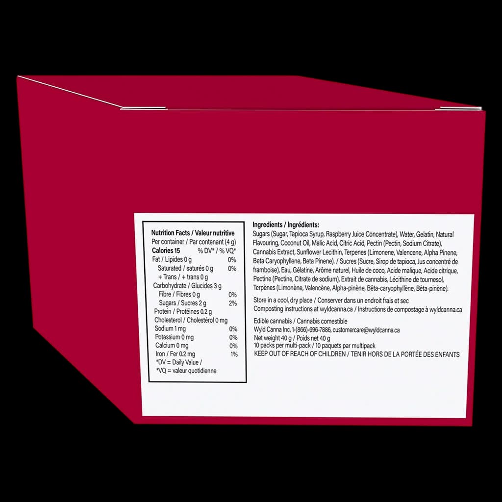 Multipack de 40 g de gommes sativa à la framboise Wyld aux vrais fruits, avec tableau de valeurs nutritives et liste d'ingrédients visible sur l'emballage arrière