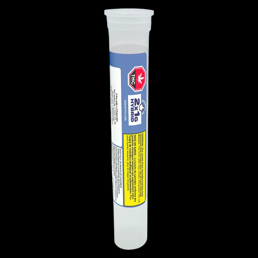 Thumbs Up cannabis pre-roll in clear tube packaging with blue and yellow label design