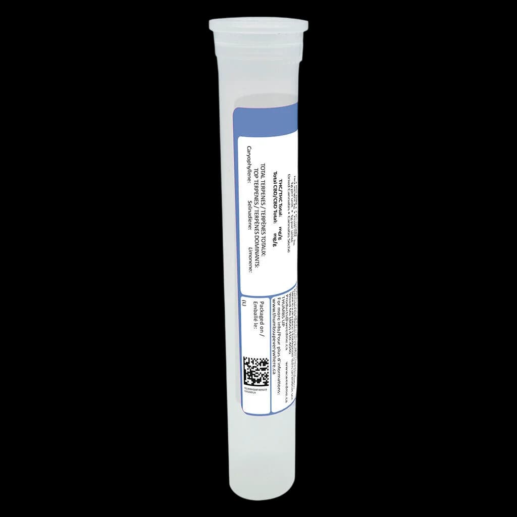 Thumbs Up hybrid pre-roll in clear tube packaging with blue band and regulatory label