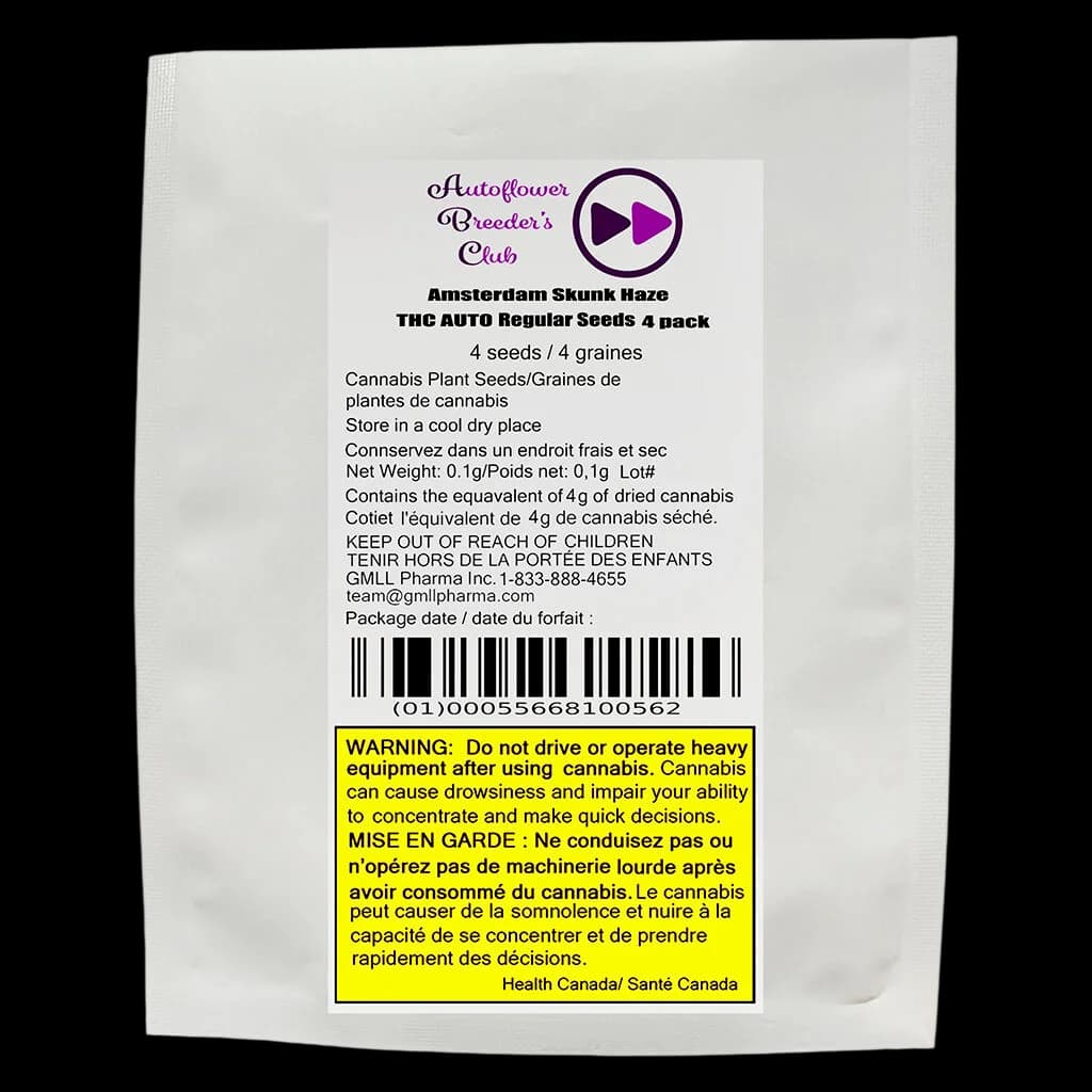 Graines régulières Amsterdam Skunk Haze THC AUTO d'Autoflower Breeder's Club, paquet de 4, avec étiquette d'avertissement de Santé Canada