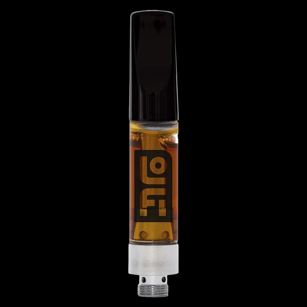 LoFi 1:1 Cured Resin cannabis vape cartridge with golden oil visible in glass chamber and black mouthpiece