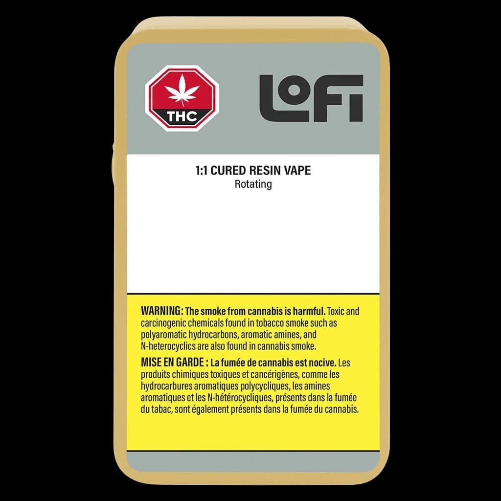 LoFi 1:1 Cured Resin Vape Rotating cartridge package front with THC warning symbol and Health Canada bilingual safety notice