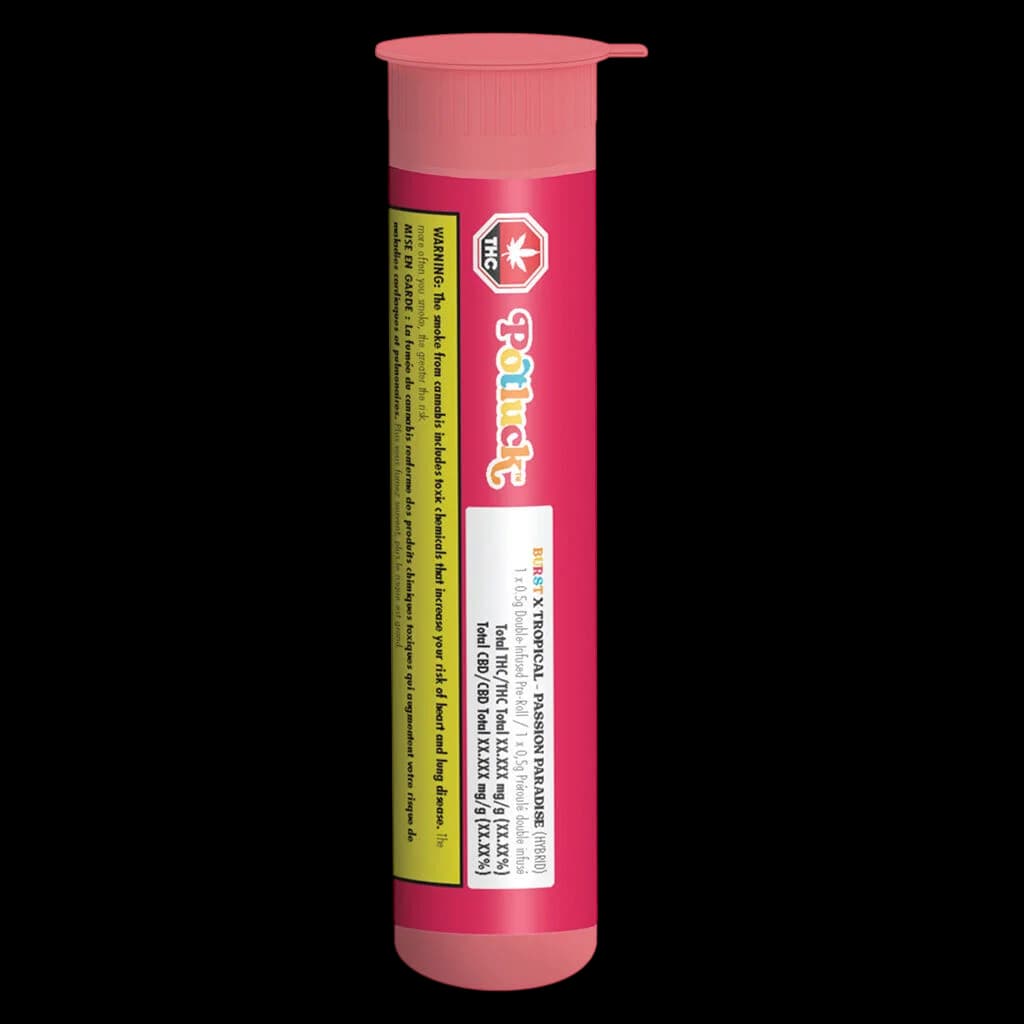 Potluck Passion Paradise infused pre-roll tube with pink packaging and yellow warning label