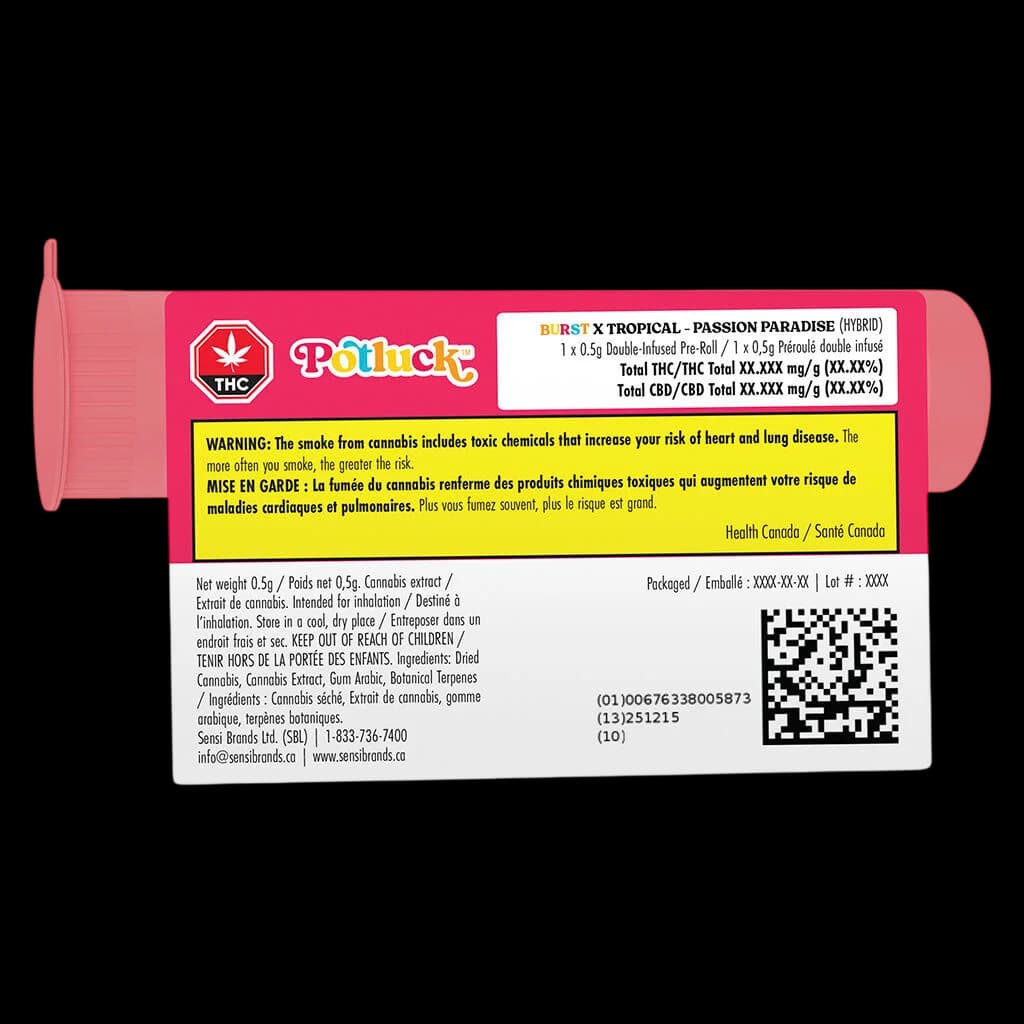 Potluck Burst x Tropical Passion Paradise hybrid double-infused pre-roll, 1 x 0.5g, pink packaging with THC warning label