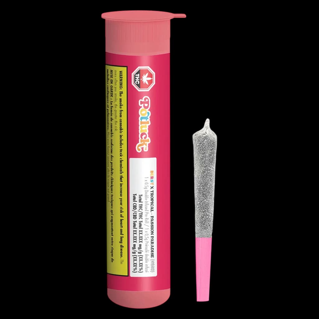 Potluck Passion Paradise infused pre-roll with pink packaging and yellow warning label, displayed beside single pre-roll