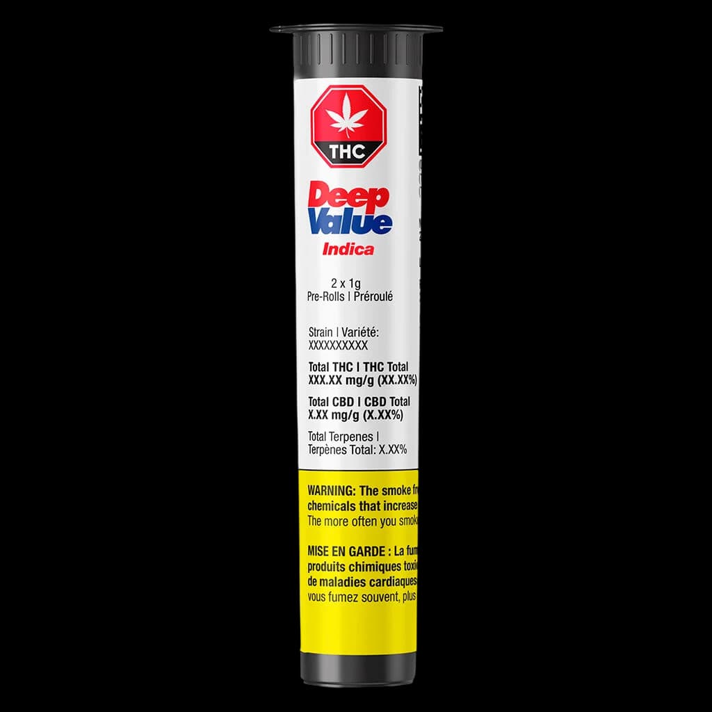 Deep Value Indica pre-roll pack, 2 x 1g, with red THC warning symbol and yellow Health Canada warning label