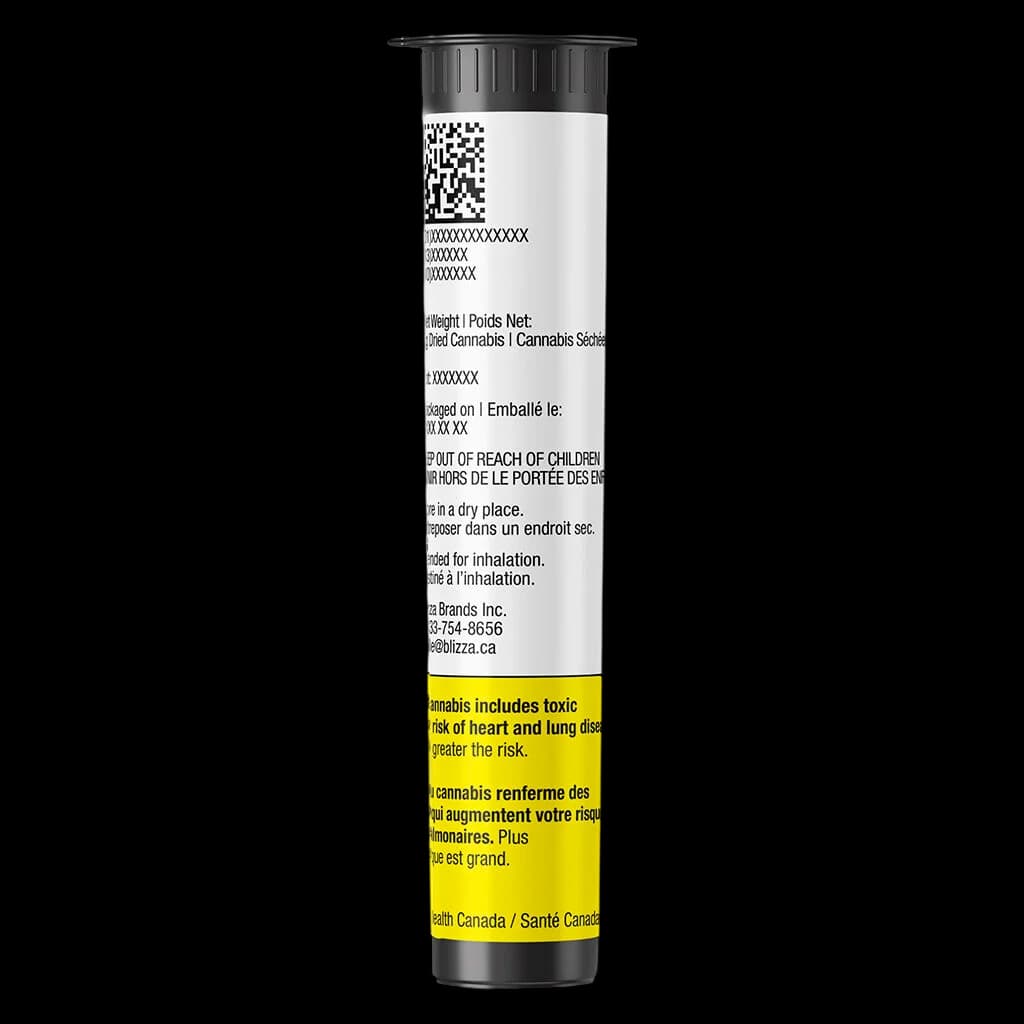 Deep Value pre-roll package rear view showing Health Canada warning label, QR code, and bilingual safety text on white and black tube with yellow warning band