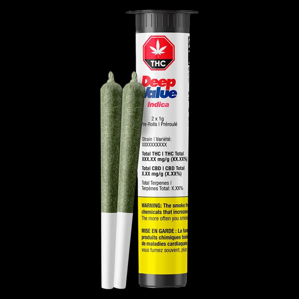 Deep Value Indica 2 x 1g pre-rolls with white filter tips displayed beside packaging tube showing THC warning symbol