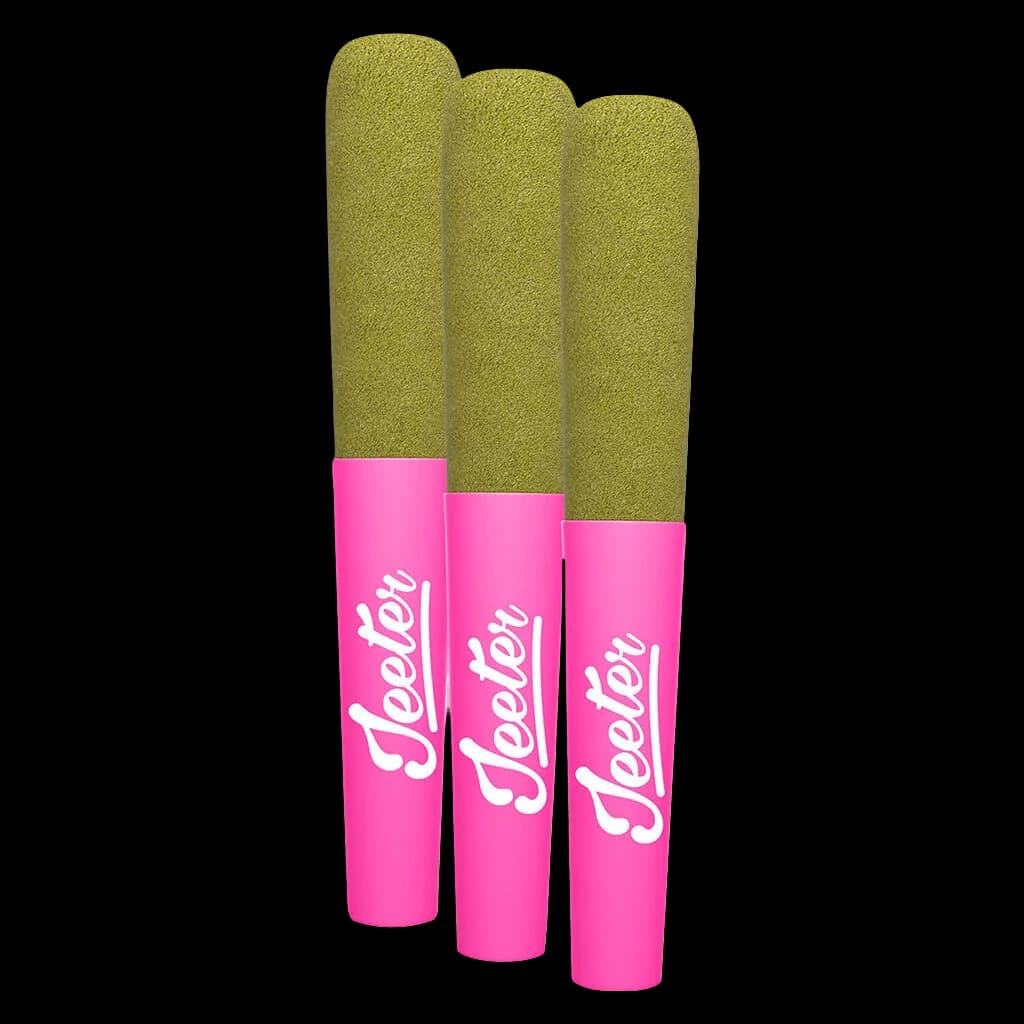 Trois pré-roulés infusés Baby Jeeter avec des enveloppes de fleurs vert olive et des tubes rose vif étiquetés « Jeeter »