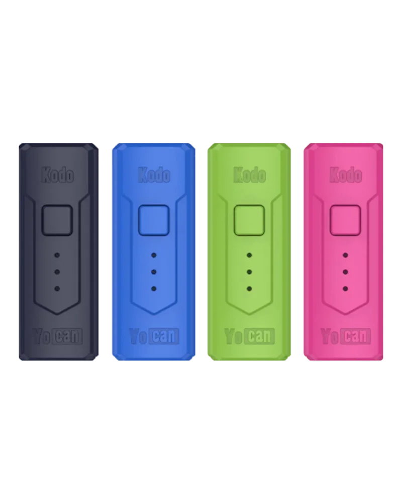 Pile Yocan Kodo en quatre couleurs : noir, bleu, vert et rose, avec boutons et points indicateurs à l'effigie de la marque
