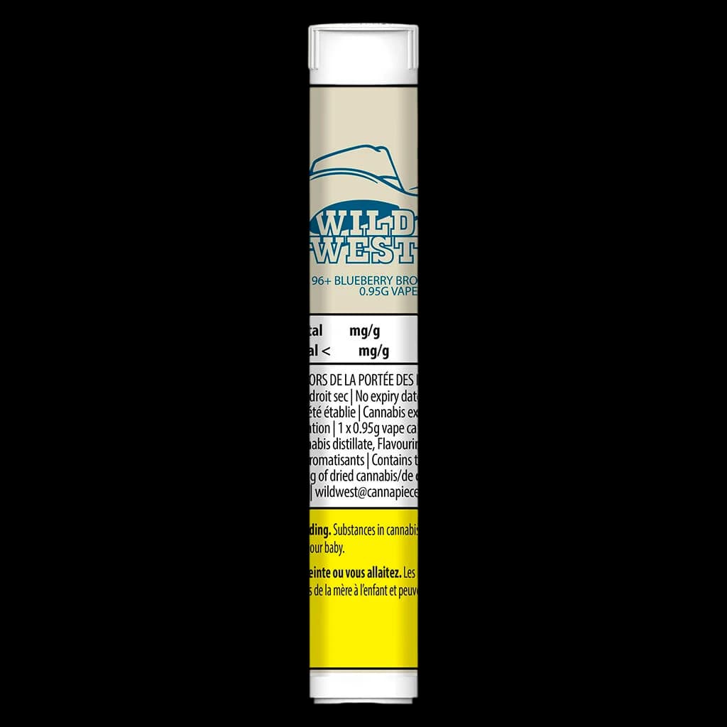 Cartouche de vapotage de cannabis Wild West 96+ Blueberry Bronco de 0,95 g avec emballage crème et bleu et étiquette d'avertissement jaune de Santé Canada