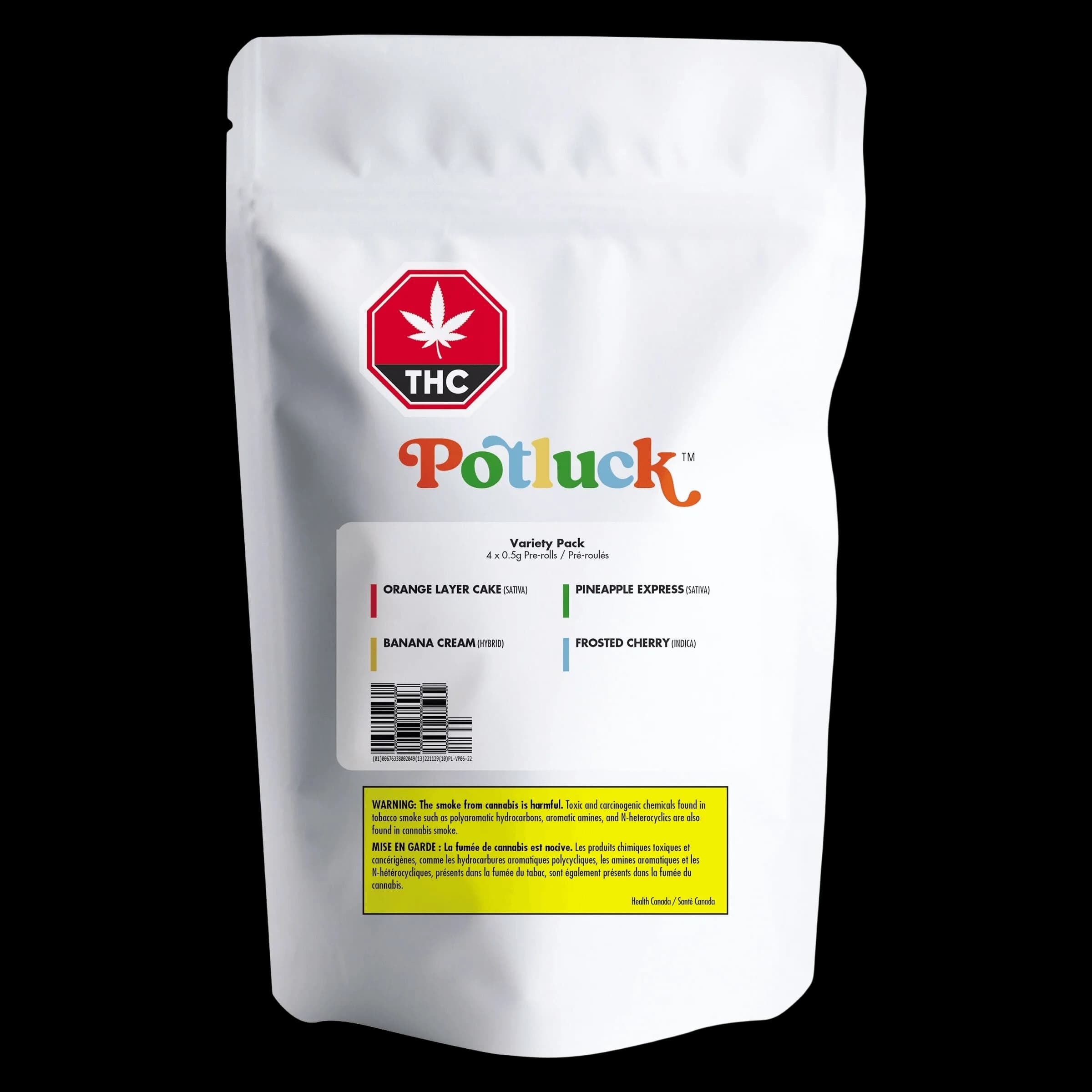 Pré-roulé Variety Pack de Potluck, 4 x 0,5 g avec les souches Orange Layer Cake, Pineapple Express, Banana Cream et Frosted Cherry