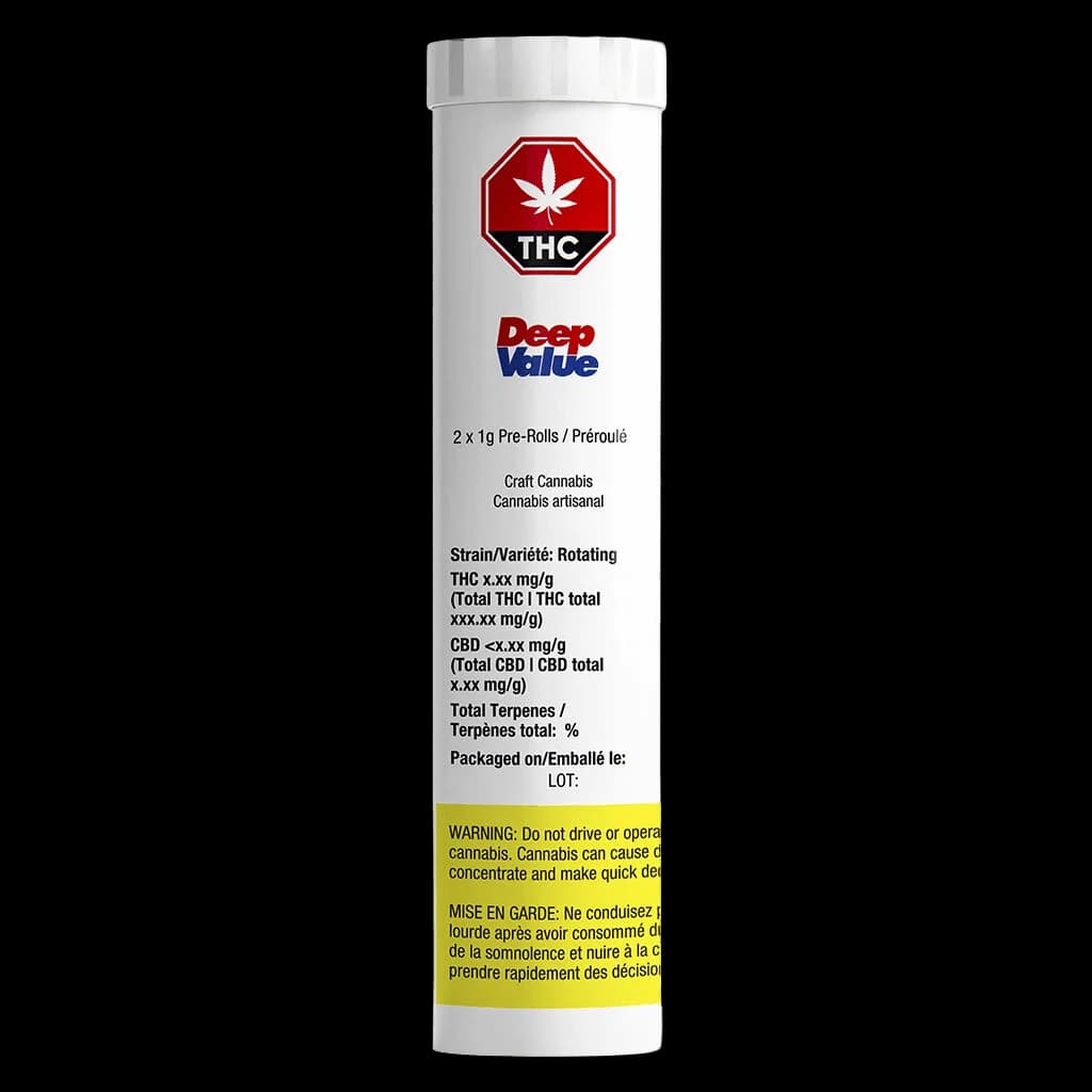 Deep Value Rotating Strain pre-roll pack, 2 x 1g, white tube with red THC symbol and yellow Health Canada warning label