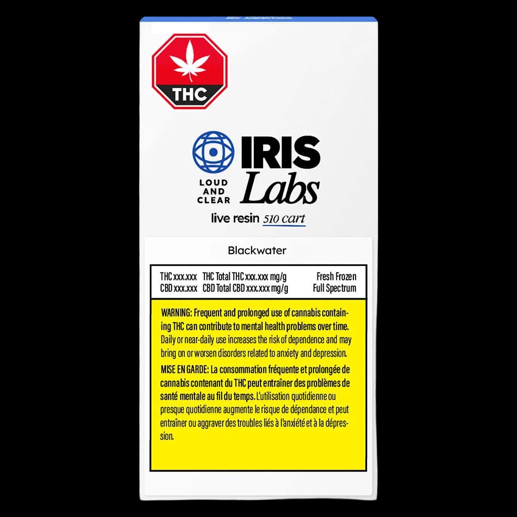 IRIS Labs Blackwater live resin 510 cart package front with THC warning symbol and Health Canada yellow warning label