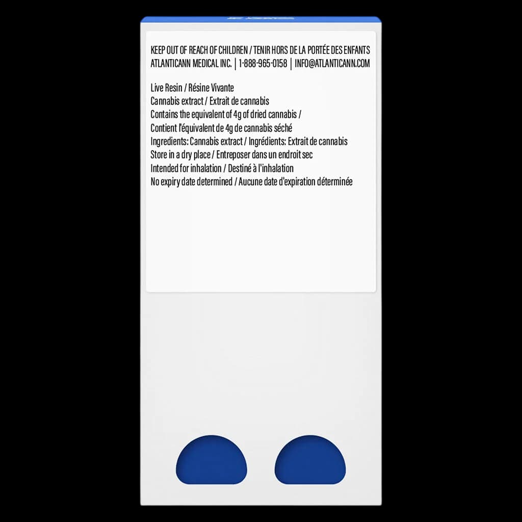 Atlanticann Medical Inc. live resin cannabis extract cartridge, 4g equivalent, intended for inhalation