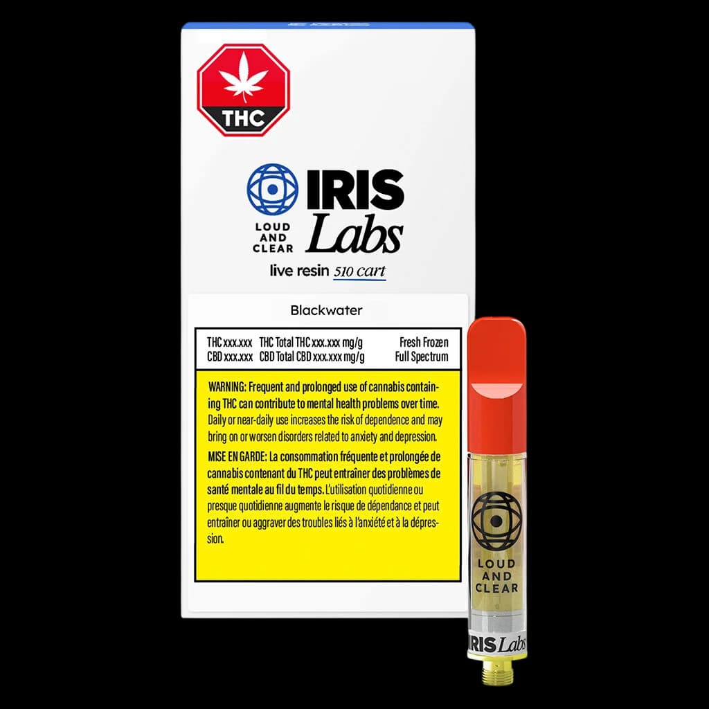 IRIS Labs Blackwater live resin 510 cart with packaging showing THC warning symbol and Health Canada yellow label
