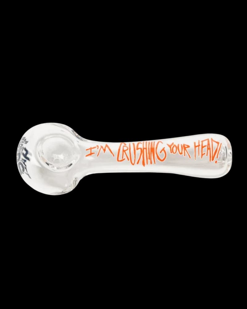 Kids In The Hall Glass hand pipe with orange "I'm Crushing Your Head" text, 4.5 inches, clear borosilicate glass with ash catcher