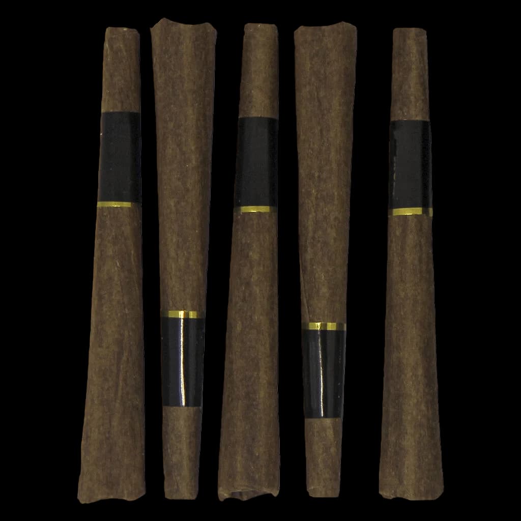 Virtue Cannabis Galactic Glue Blunt five-pack with brown rolling paper, black filter, and gold band cannabis pre-rolls