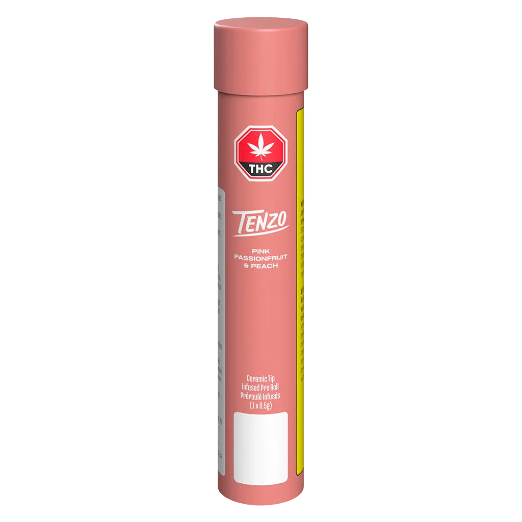 Tenzo Pink Passionfruit & Peach ceramic tip infused pre-roll 1x0.5g in pink packaging with THC symbol